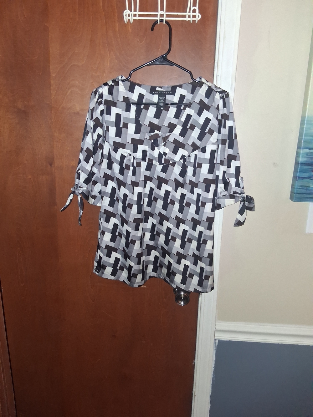 Apostrophe Black & White Geometric Tie-Sleeve Blouse
